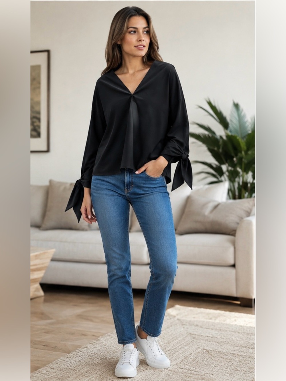 Woman's Black V-Neck Long Sleeve Tie-Cuff Top